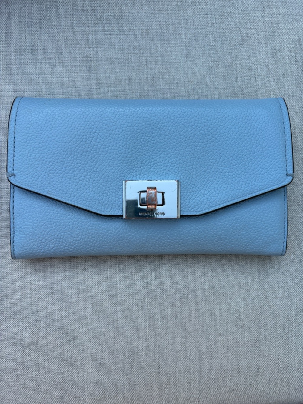 Michael Kors Pale Blue Pebbled Leather Clutch with Silver-Tone Turn Lock